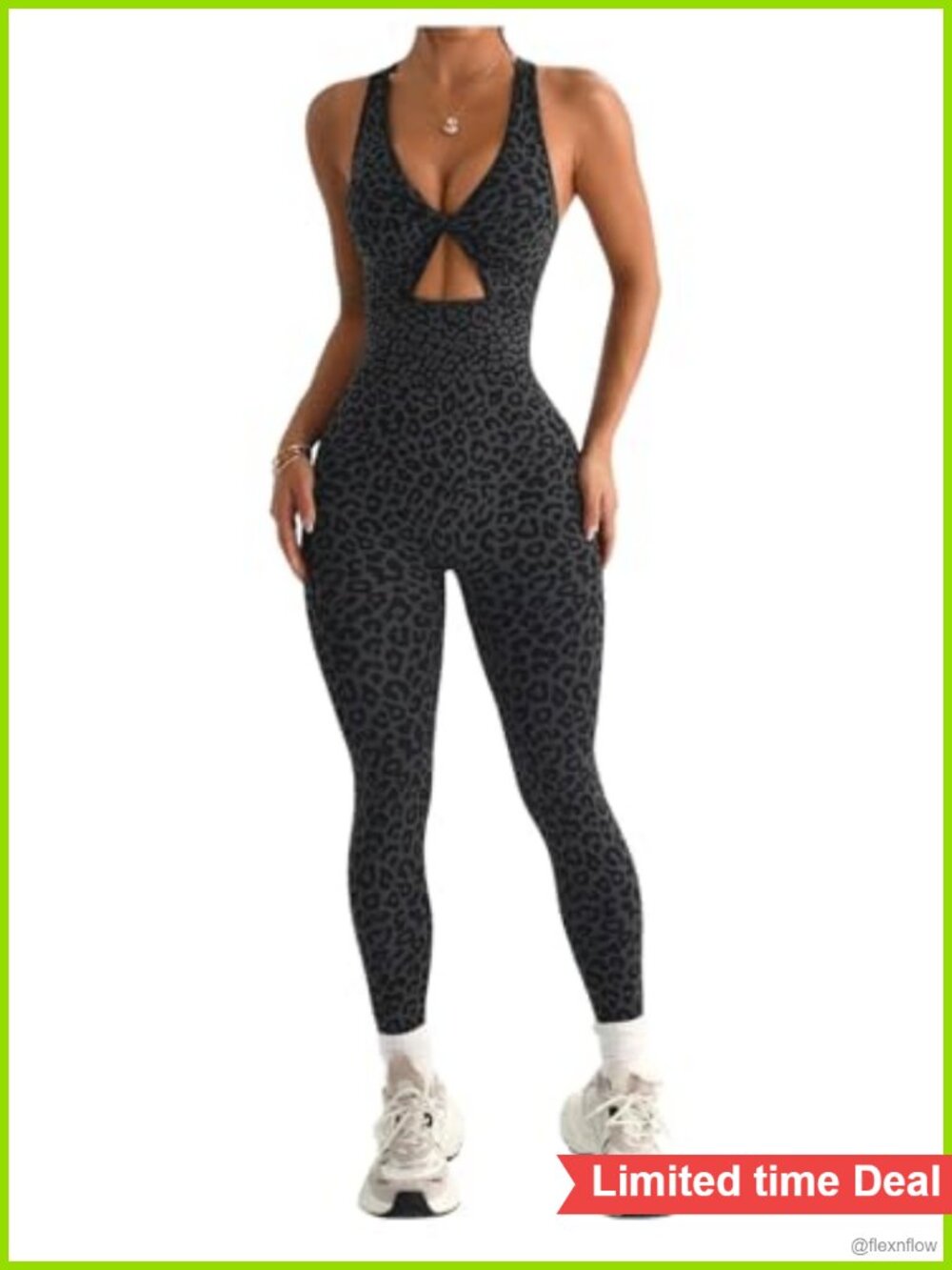 WDIRARA Leopard Workout Jumpsuit Twist Cut Out V Neck Racerback Shorts Romper